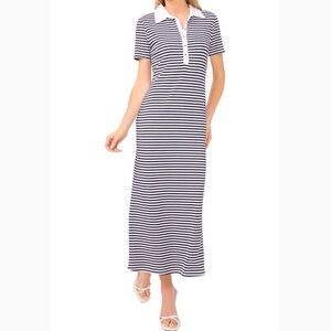 CeCe Striped Polo Maxi Dress Navy Blue White Heart Buttons Cotton Stretch Large